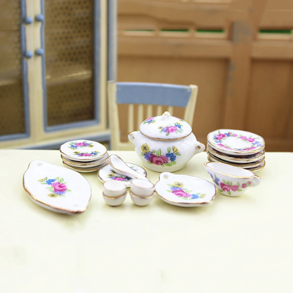 

1/12 Dollhouse Miniature Accessories Mini Ceramic Dish Spoon Bowl Kettle Set Simulation Tableware Toys for Doll House Decoration