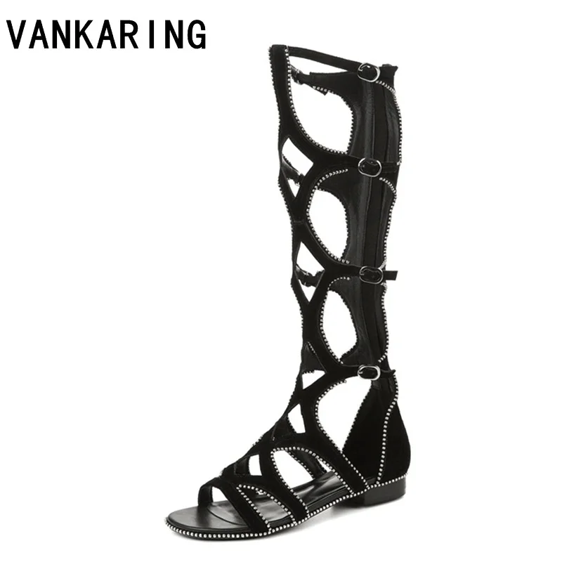 

New black casual shoes women dress gladiator sandals suede leather open toe knee high rivet zip leisure flat sandals summer boot