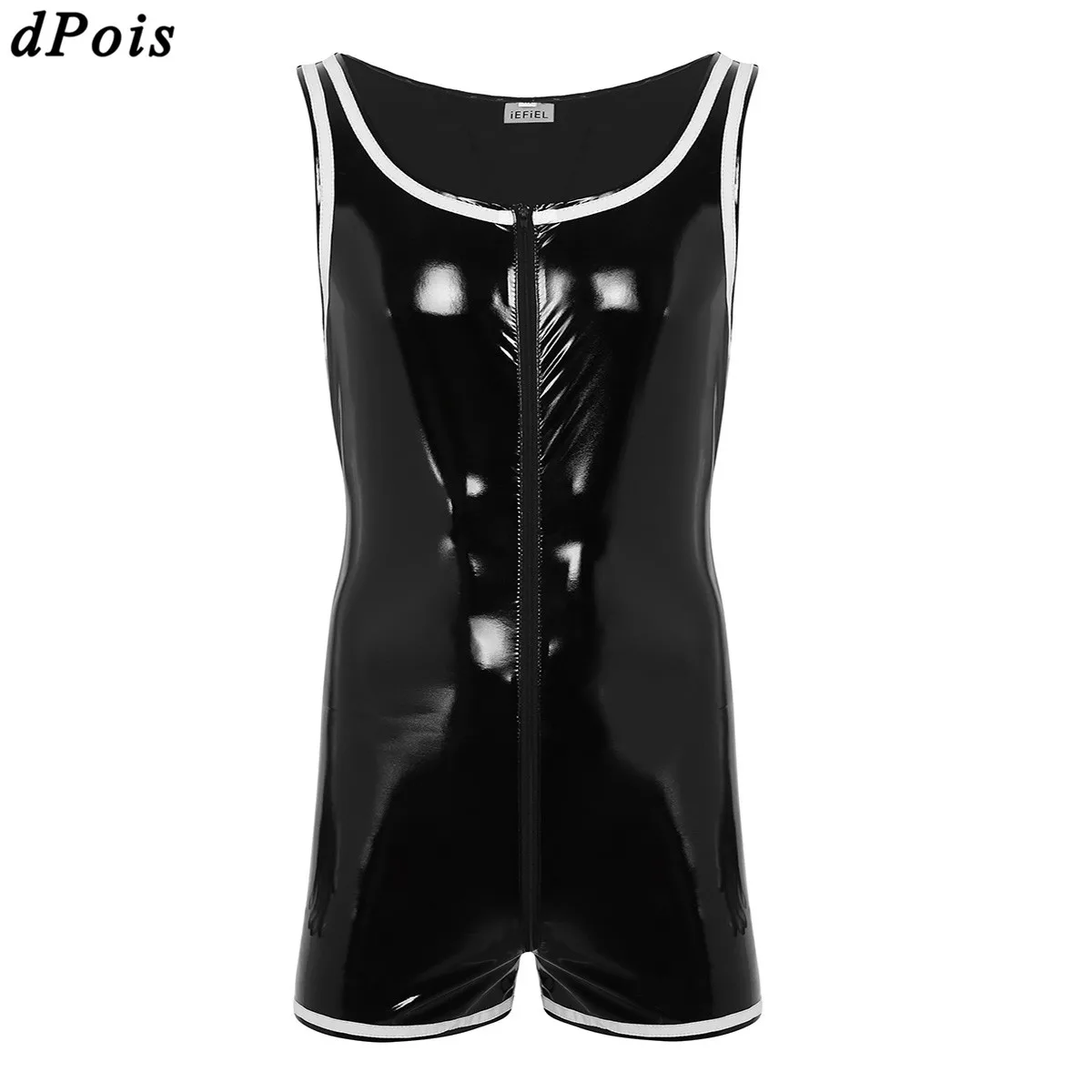 

Men Patent Leather Bodysuit Front Zipper Erotic flirting Playsuits Sexy Underwear Mens Bodysuits Sleeveless Leotard Jumpsuit