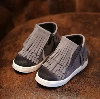 Spring Autumn Winter child/girl/kid motorcycle boots nubuck leather martin boots fringe flats shoes zip solid color short boots