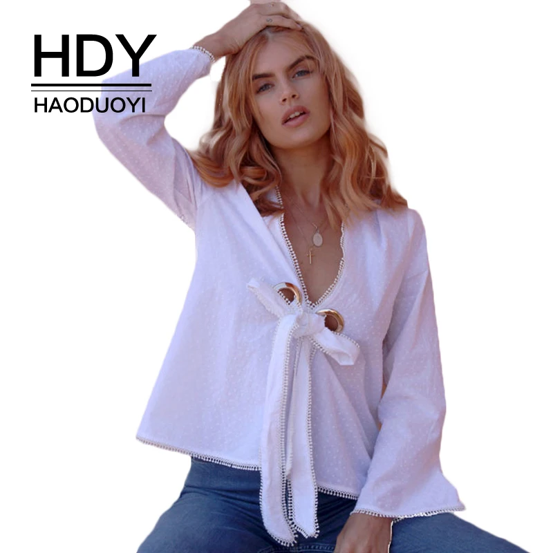 

HDY Haoduoyi Apparel Solid White Sweet Women Shirts Deep V-neck Lace-up Belt Sequined Flare Sleeve Lady Tops Casual Blouses