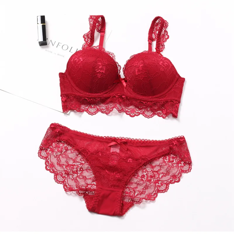 

Lace Bra Sets With Push Up Lacy Underwear Floral Convertible Straps With Bow Solid Red Sexy Panties And Bra Sets