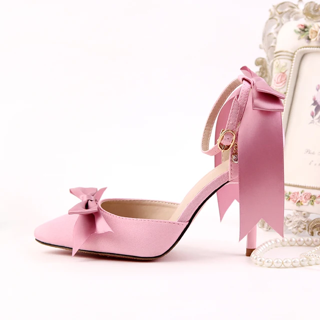 9cm Pink Satin Bow Shoes with Ultra Fine Bride Shoes High heeled Shoes