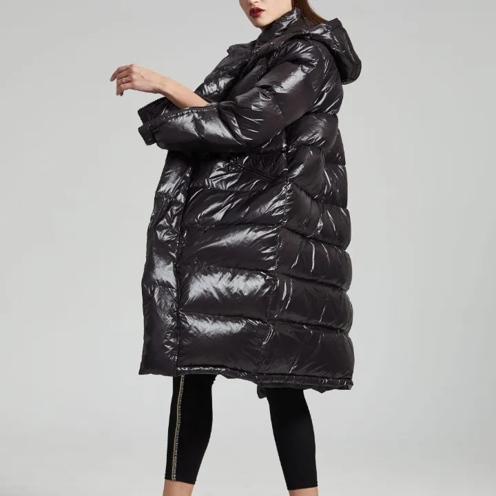 

2019 Winter Woman Hooded Stylish Solid Color Pockets Long Sleeve Hood Loose Keep Warm Glossy Down Jacket Coat