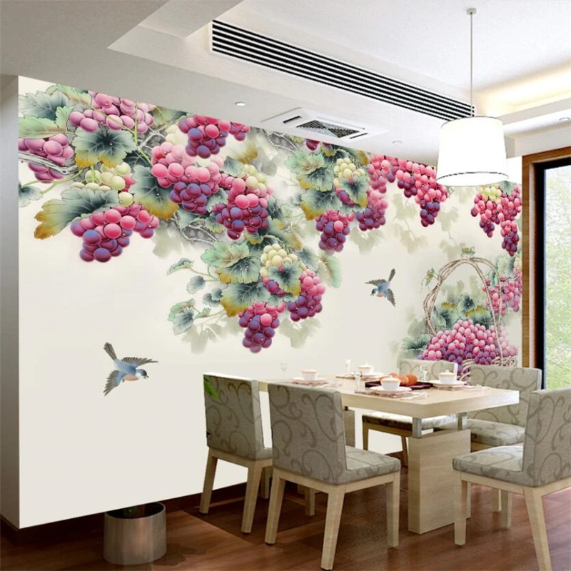 

wellyu Chinese brushwork hand-painted purple fragrance grape background wall painting custom large mural green wallpaper