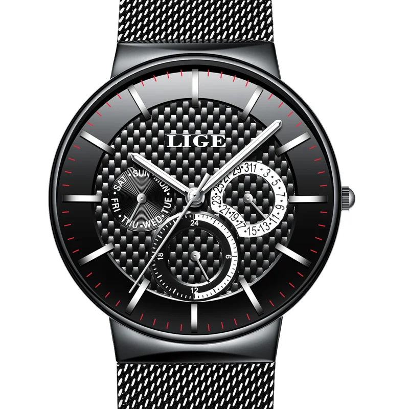 

LIGE Top Brand Luxury Mens Watches Simple Business Slim Mesh Steel Date Waterproof Quartz Watch Men Black Clock Relogio Masculin