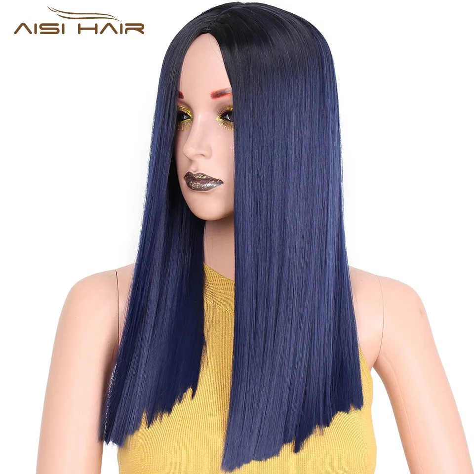 

I's a wig 19 inch Short Black Omber Blue Straight Synthetic Wig for Women can be Curled High temperature Fiber