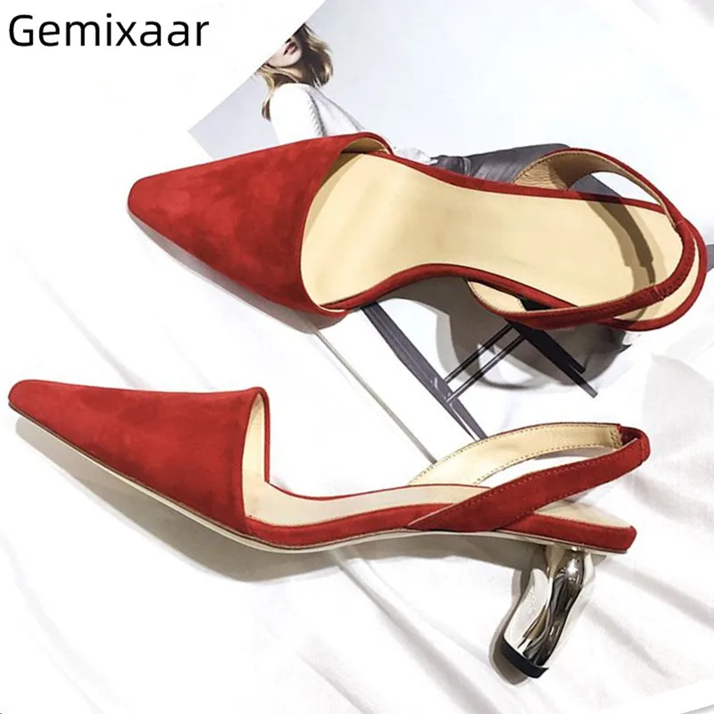 

Kitten Heel Sandals Shoes Woman Cover Pointed Toe Elastic Slip On Zapatos Solid Kid Suede High Kitten Metal Heel Sandals Sapato