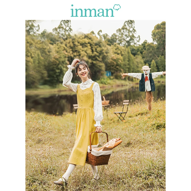 

INMAN 2019 Autumn New Arrival Solid Literary Retro Sling Defined Waist Goddess Style Women Dress