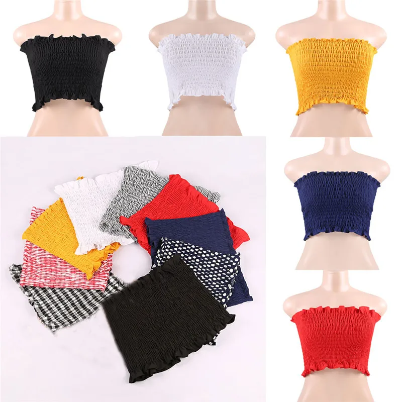 

Hot Wholesale Sexy Women Off Shoulder Elastic Tube Tops Strapless Bandeau Crop Tops Tank Vest Ruffle Slash Neck Clubwear Outwear