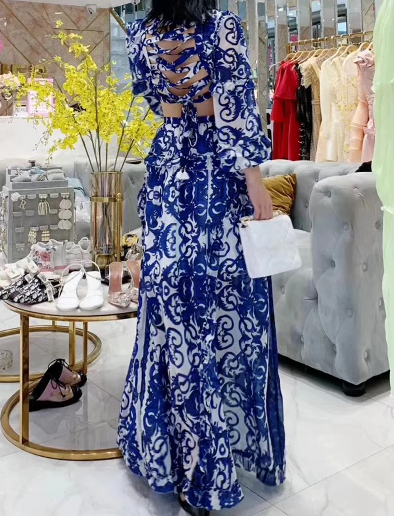 Цянь Хан Цзы модное Макси платье женское фонарь рукав v-образный вырез синий и белый фарфор принт с открытой спиной повседневные пляжные длинное платье