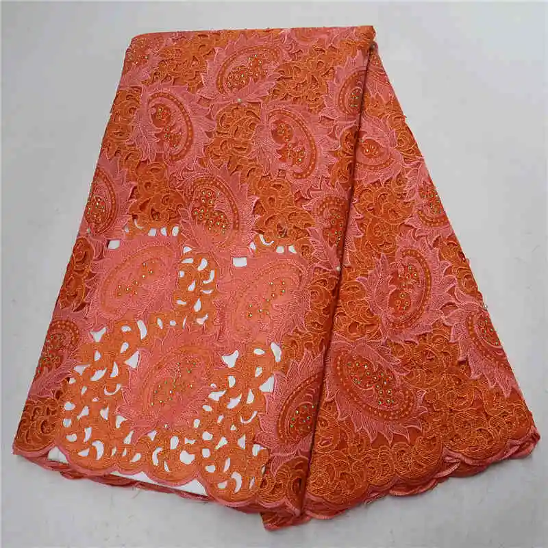 

Orange High grade Hand cut Organza Lace Fabric Swiss Voile Lace With Stones African Nigerian Lace for Wedding Party PSA722-4