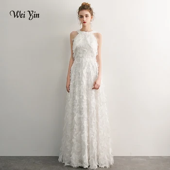 

weiyin New Long Evening Dresses 2020 Women Lace Round Neck Wedding Events White Evening Dress WY1049