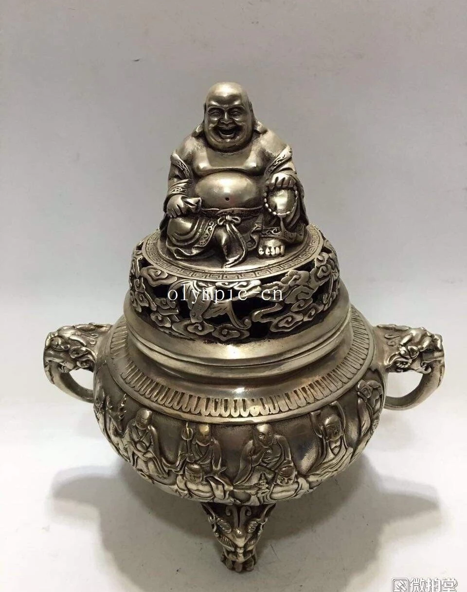 

9'' bronze silver plating auspicious clouds bat dragon lucky buddha censer