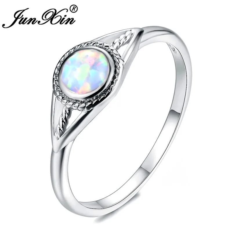 JUNXIN 925 Sterling Silver Filled Purple/Blue/White Fire Opal Rings For Women Round Birthstone Rainbow Evil Eye Wedding Ring