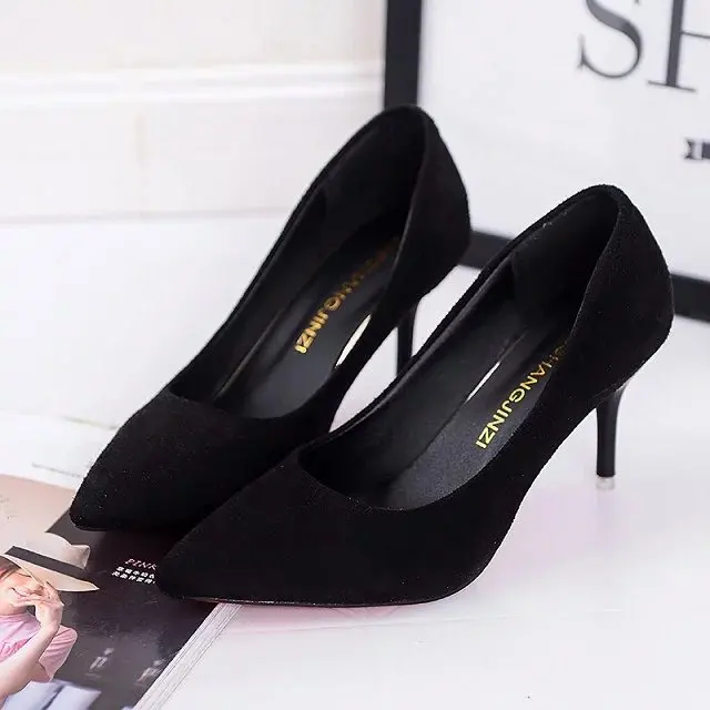 Большие размеры; офисные женские туфли из искусственной замши; женские туфли на высоком каблуке; модельные туфли с острым носком; классические туфли-лодочки; женские водонепроницаемые мокасины; zapatos mujer - Цвет: Черный