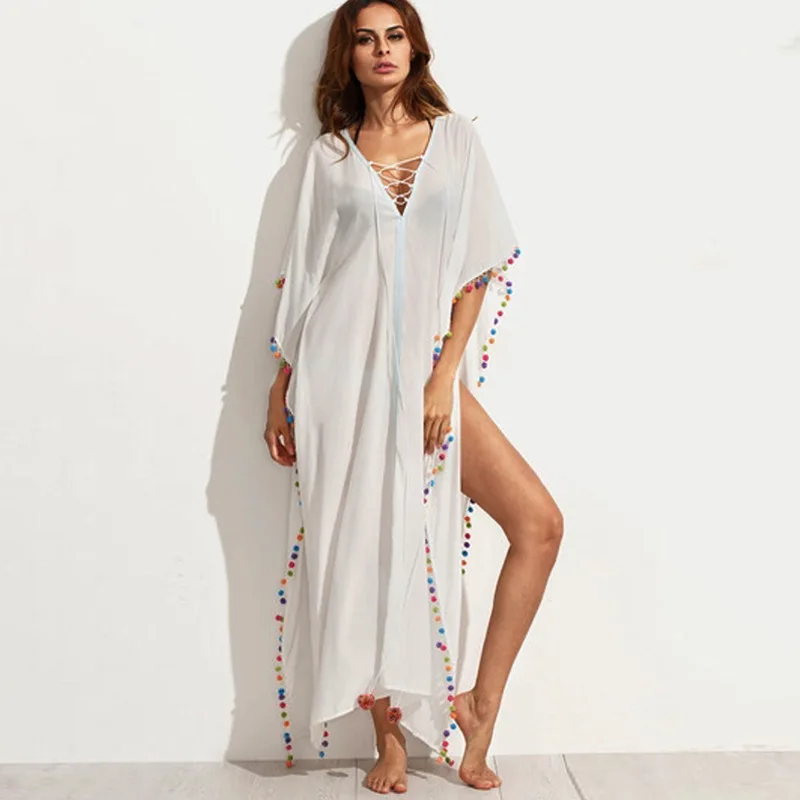 Cream V Neckline Long Sleeve Dress with Split Hem