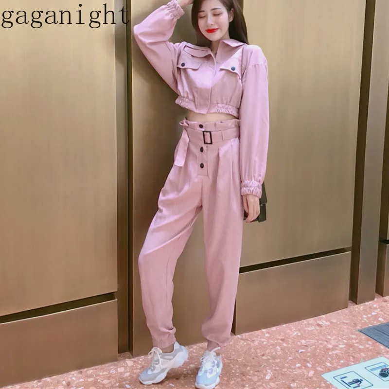 

Gaganight Women Two Pieces Set Short Coat Long Sleeves Turn Down Collar Elastic Waist Long Pant Trousers Female Casual Plus Size
