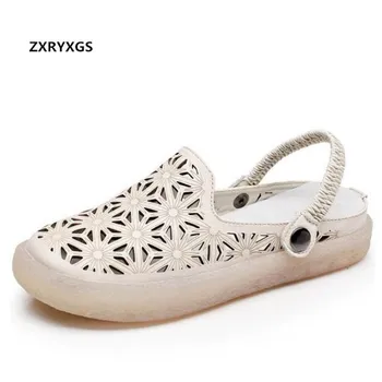 

2019 Handmade full genuine leather shoes soft comfortable women sandals slippers hollow round head two wear women summer sandals