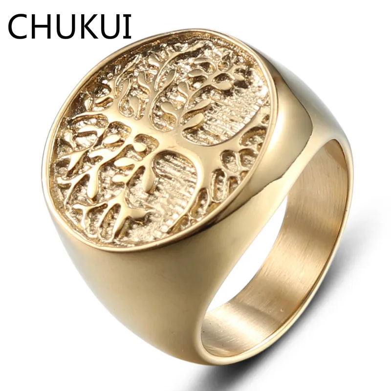 

CHUKUI 20mm Round Large Width Men Rings Gold Color Casting Stainless Steel Life Tree Rings For Man Punk Hip Hop Jewelry Party