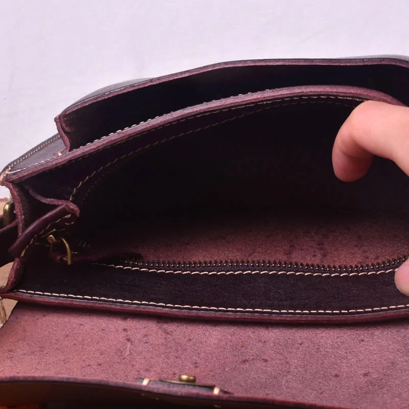 EUMOAN Leather women's single shoulder span bag, head layer leather hard tree cake leather women's bag, hand-made retro bag