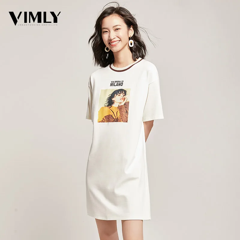 

Vimly Casual Straight White Dresses For Women Ladies Pattern Short Sleeve Loose Short Dress for Women Mini Street Wear