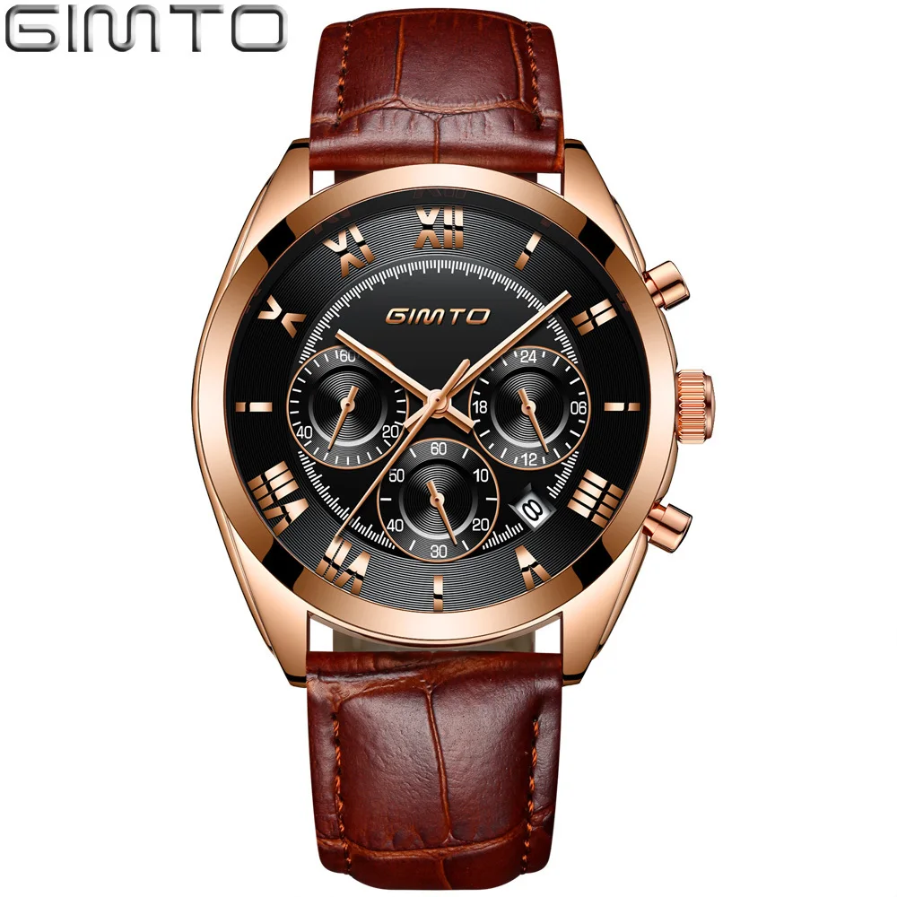

GIMTO Vintage New 2018 Gold Watch Men Leather Boy Male Clock Roman Casual Army Military Sports Watch Waterproof Mens Fashion