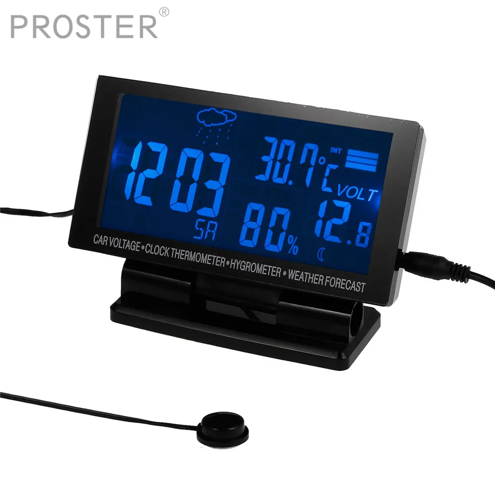 

Proster 12V Large LCD Digital Car Thermometer Hygrometer 4in1 Vehicle Weather Forecast Voltage Clock Alarm Snooze Monitor