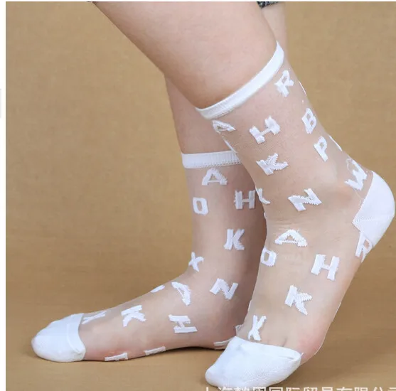 100 пар/лот Federal Express быстро японский стиль женские сексуальные стеклянные носки 26 буквы прозрачный хрусталь, стекло носки белый серый