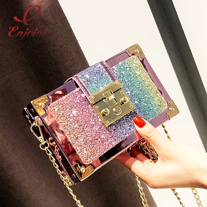Moda de Luxo Bolsa do Mensageiro Gradiente Lantejoulas Caixa Estilo Feminino Festa Bolsa Embreagem Ombro Corrente Crossbody Mini Cor