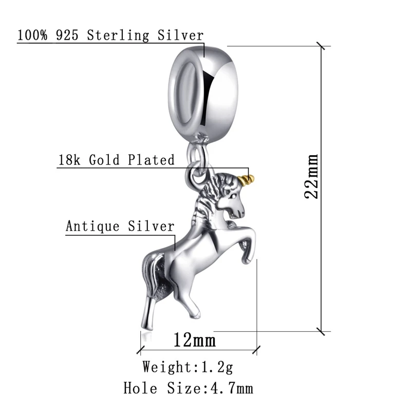 Sambaah Висячие милые амулет в виде единорога кулон и 925 пробы серебряные бегущие бусины в виде лошадей подходят Pandora женский браслет с животными
