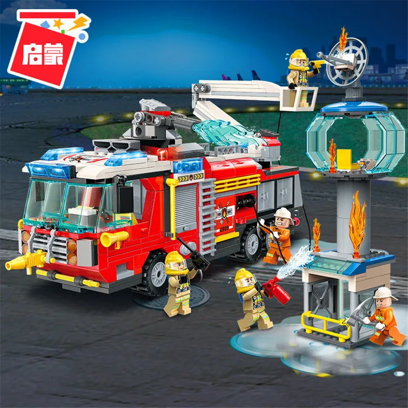 

ENLIGHTEN City Police Firefighter Rescue Ladder Truck Spray Water Car Figure Blocks Compatible Legoe Building Toys For Children