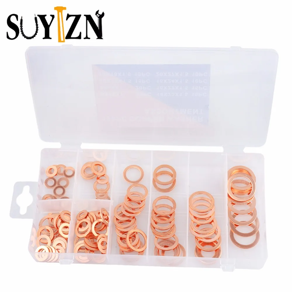 120pc Copper Washer 8 Sizes Shim Washers Plastic Box Professional Hardware Accessories O Ring