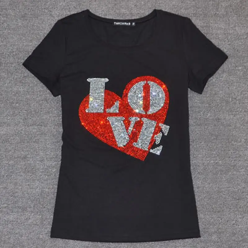 

new sequined Diamond tops women short-sleeved T-shirt love shirt plus size 3xl