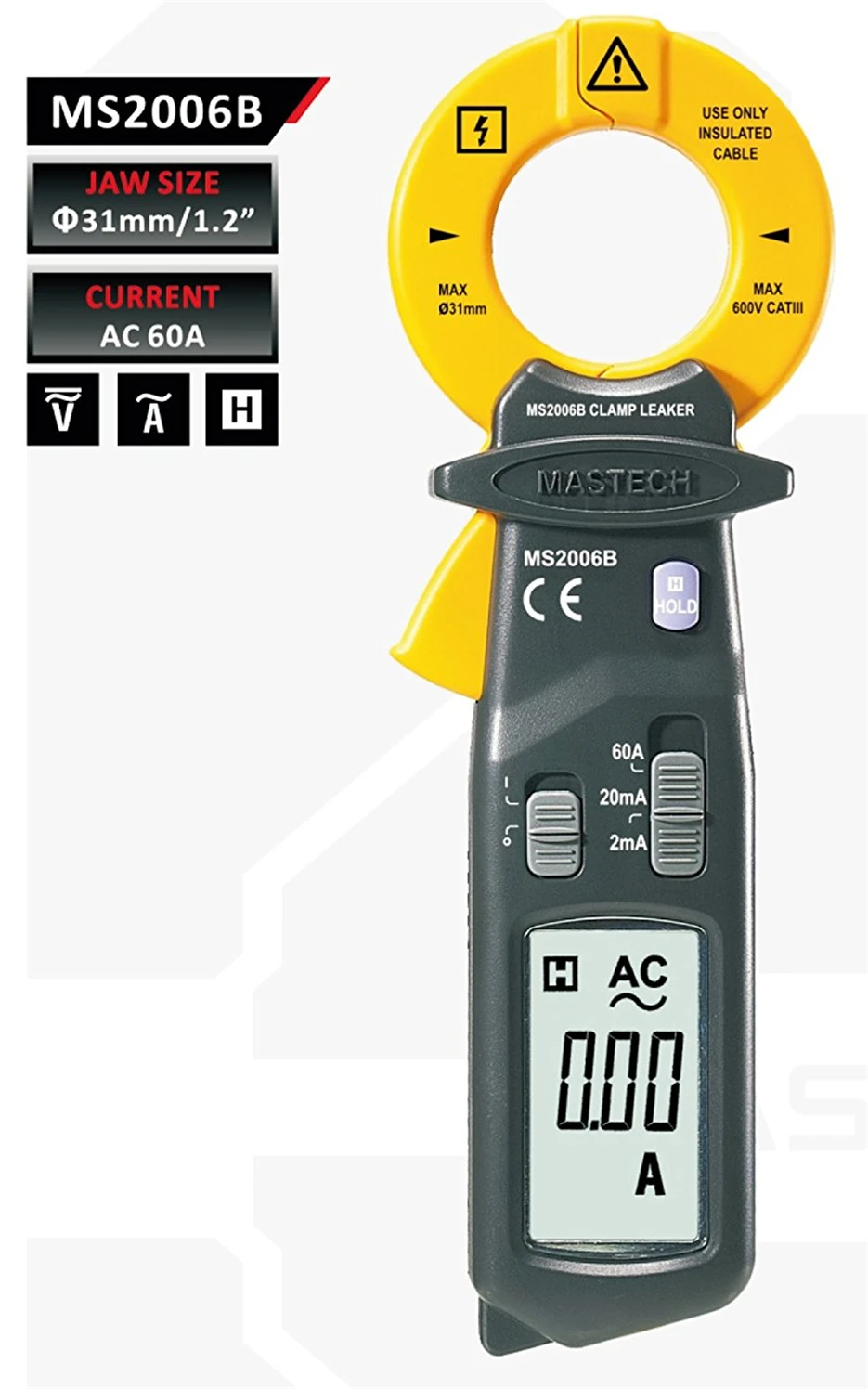 

MASTECH MS2006B High Sensitivity AC Leakage Clamp Meter AC Current Detector , 0.01mA to 60A , 1uA Resolution