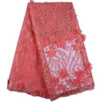 

2019 Latest High Quality African Lace Fabric 3D Flowers With Beaded Tulle Lace Fabric New Design Nigerian Tulle Lace Fabric 1400