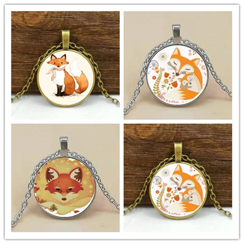 

2019 new glass necklace cute fox necklace fox pendant female models men's glass cabochon necklace