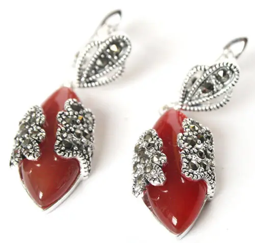 

VINTAGE 11/2" NATURAL RED 2017 MARCASITE 925 SILVER EARRINGS -Top quality free shipping
