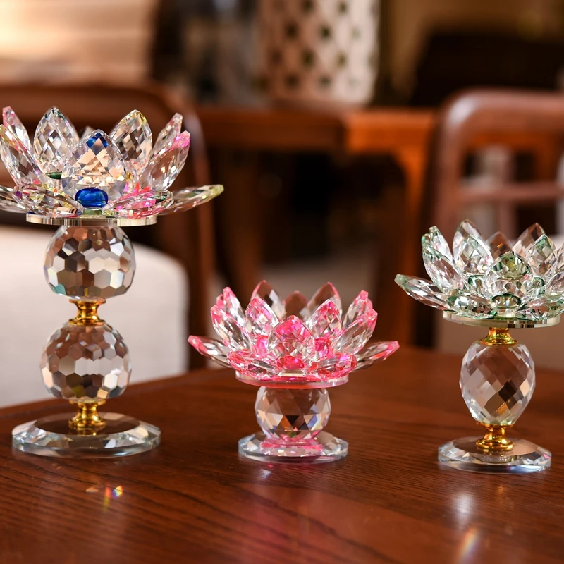 

3 Style Crystal Glass Lotus Flower Candle Tea Light Holder Buddhist Candlestick Home Decoration(8 Colors Select)