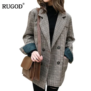 

RUGOD Fashion Plaid Blazers Women Casual Notched Trench Coat For Women Long Sleeve Warm Winter Clothes ropa mujer invierno