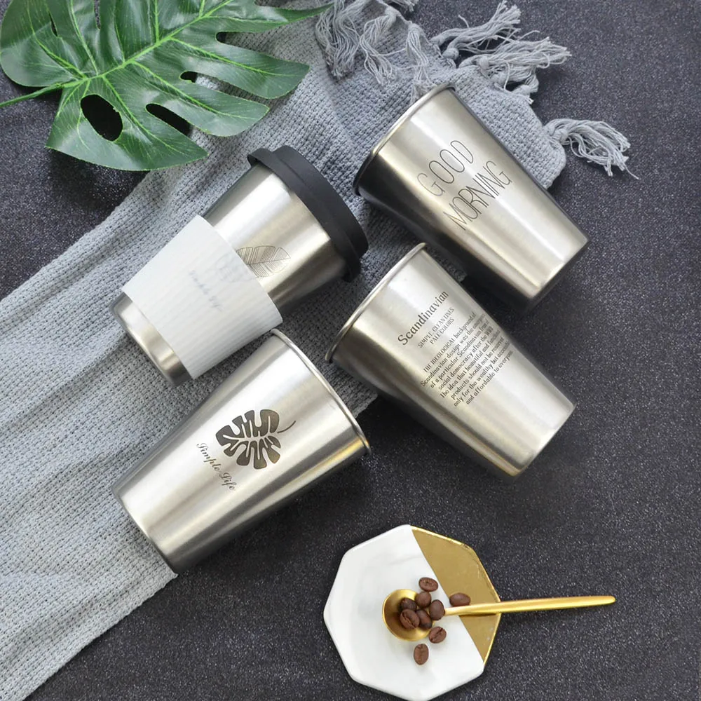 

Stainless Steel Cup With Silicone Lid Sleeve Cup Sleeve Coffee Milk Beer Cup Portable Mug Chic Leaf Print Drinkware Gift 500ML