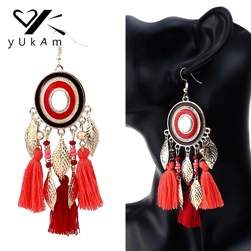 YUKAM этнические богемные длинные хлопковые серьги с кисточками Золотые листья