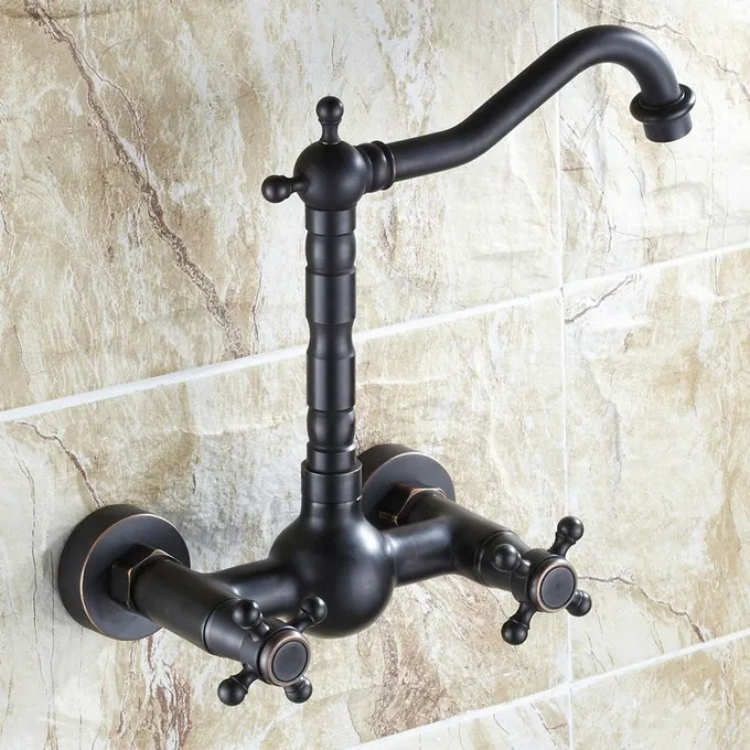 Black Oil Rubbed Bronze Wall Mounted Dual Cross Handles Swivel Spout Bathroom Kitchen Sink Faucet Cold & Hot Mixer Tap asf072