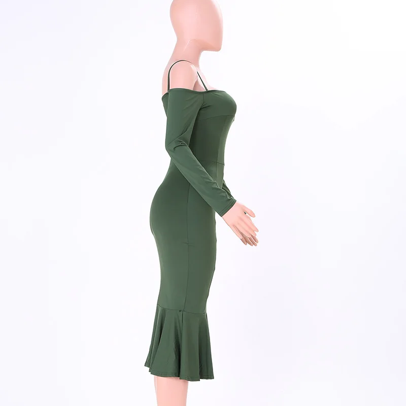Kostlich Spaghetti Strap Long Sleeve Ruffles Mermaid Party Dresses Slash neck Bodycon Sexy Women Midi Dress 6 Colors Clothing (10)