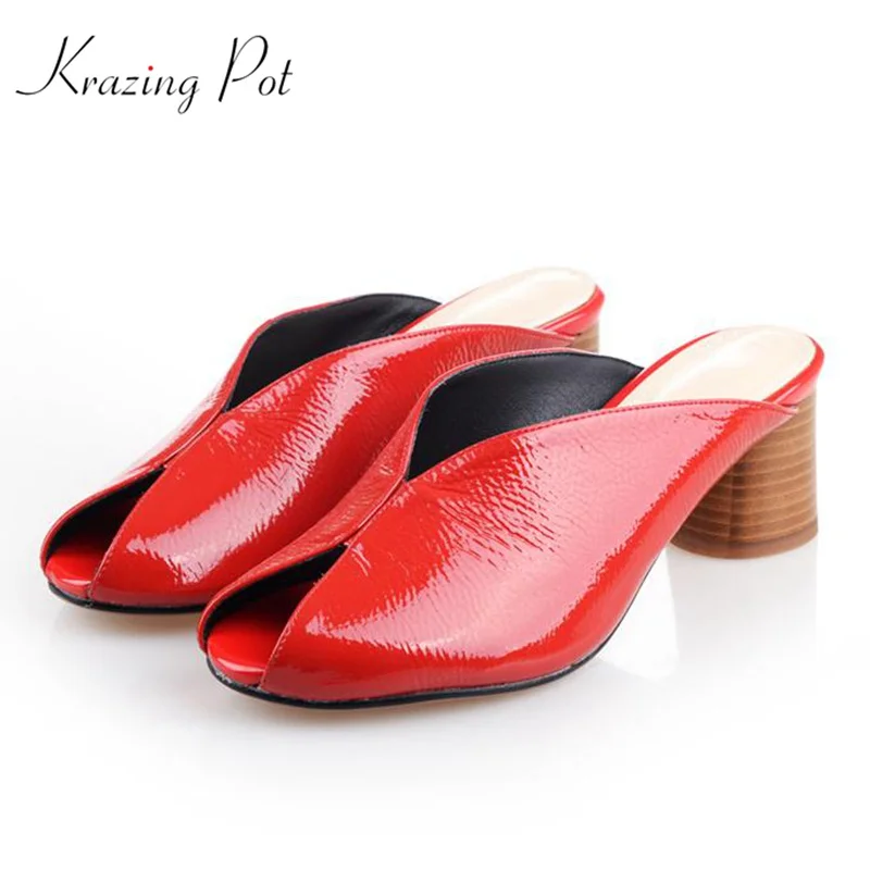

Krazing Pot 2019 genuine leather European style two-piece open toe solid color sexy nightclub thick med heel summer mules L10