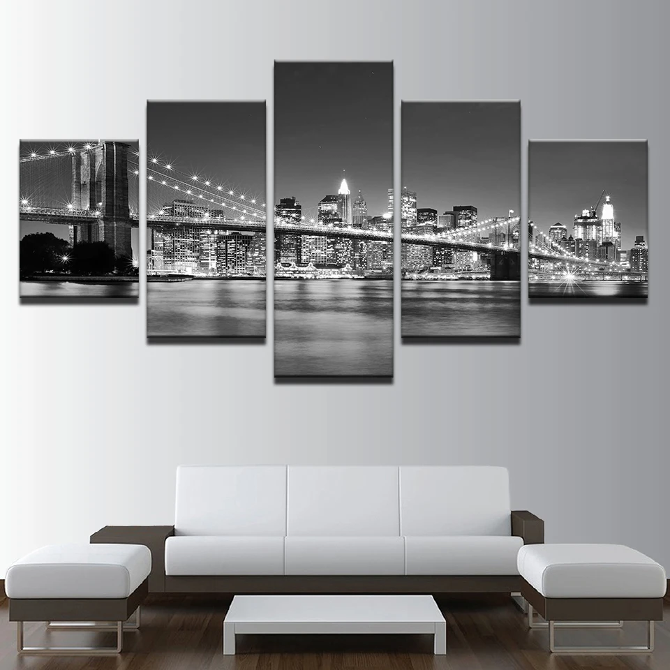 Холст HD принты картины рамки 5 шт. черный белый Бруклинский мост город ночной вид картины дома стены Искусство Декор плакаты
