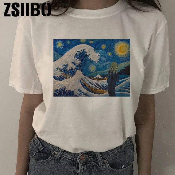 

Wave Free Van Gogh Star Print Summer Women's New Harajuku Fashion Casual Personality Spoof Fun Large Size Women's T-Shirt Tops