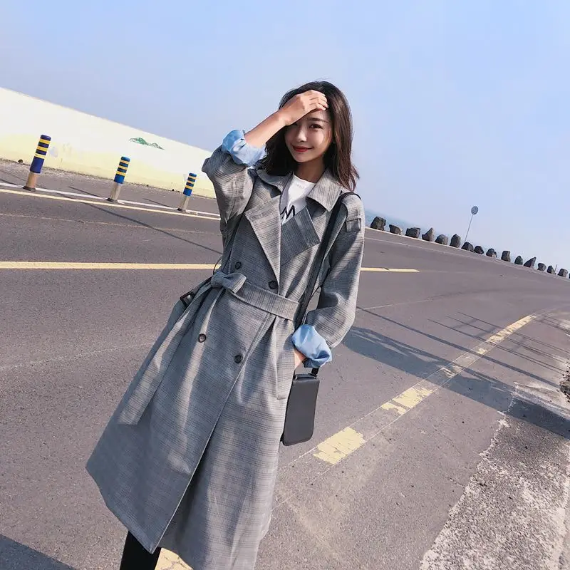 

Chequered Windswear Female Mid-long Spring and Autumn New Loose Knee Thin Coat