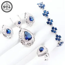 925 серебро свадебный набор украшений для женщин Голубой цирконий серьги-гвоздики браслет кольцо ожерелье набор подарочная коробка