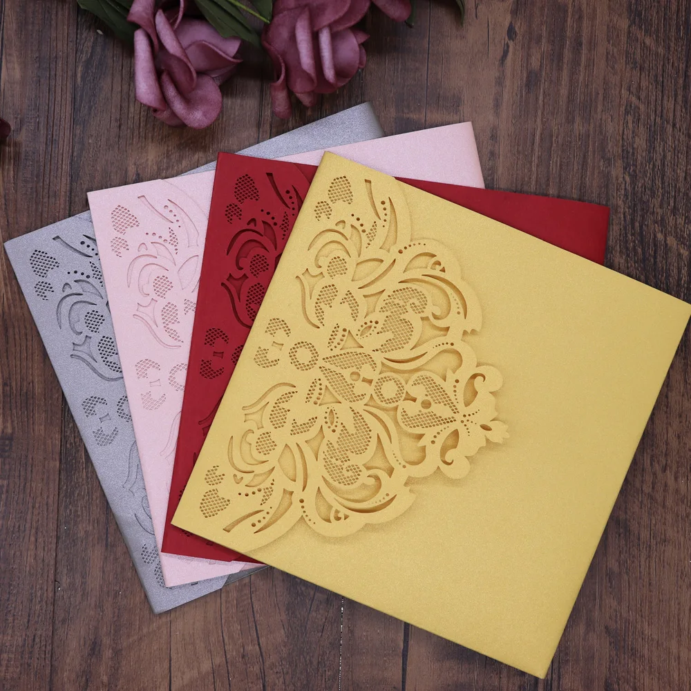  10pcs/pack Lace Laser Cut Wedding Invitation Card Cover Square Shinny Pearl Paper Carved Invitation - 33019991552